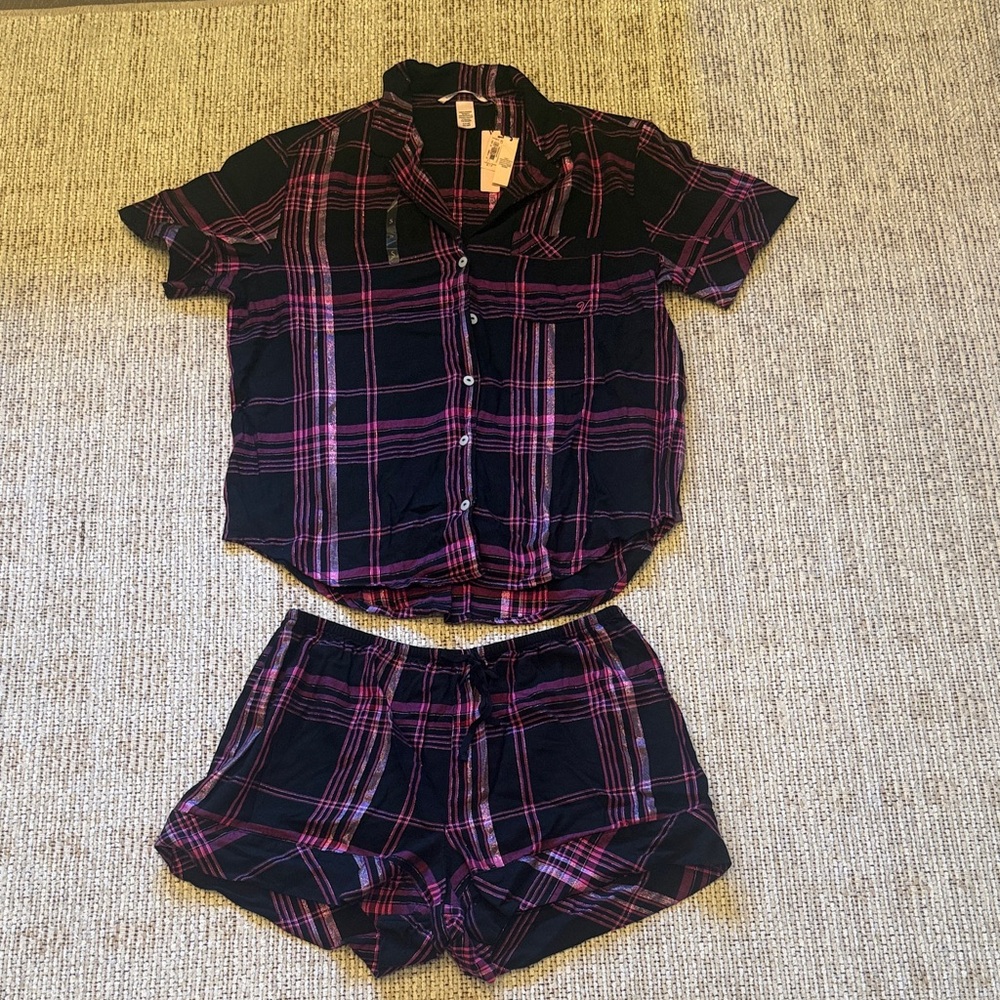 Victoria's Secret Black & Pink Plaid Short Pajama Set